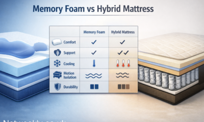 make a table comparing memory foam vs hybrid mattresses