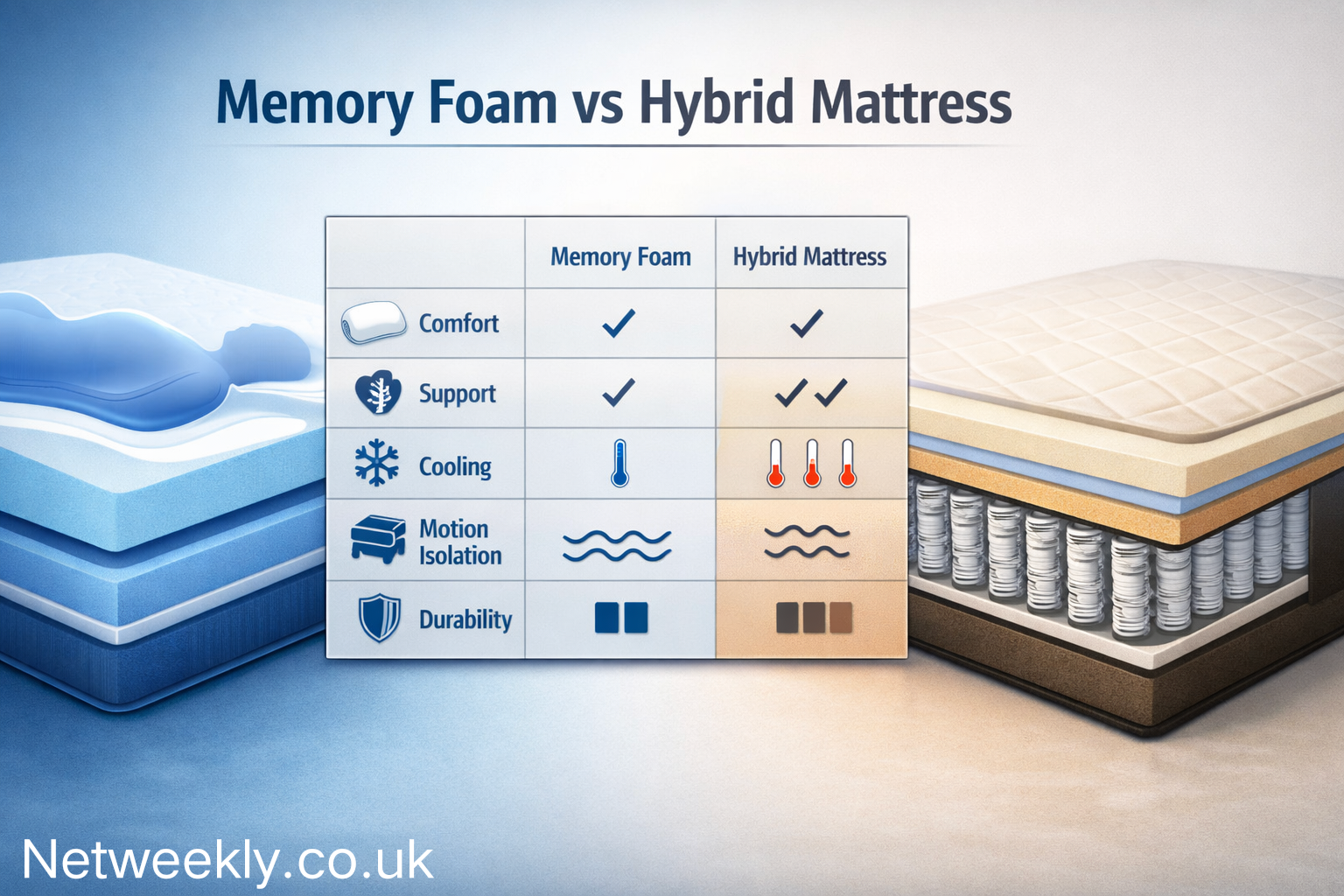 make a table comparing memory foam vs hybrid mattresses
